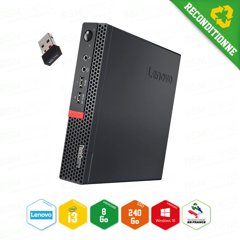 Lenovo - Ordinateur ThinkCentre M710Q Tiny I3-6ème 8Go 240SSD Win10Pro +  clé wifi - Reconditionné